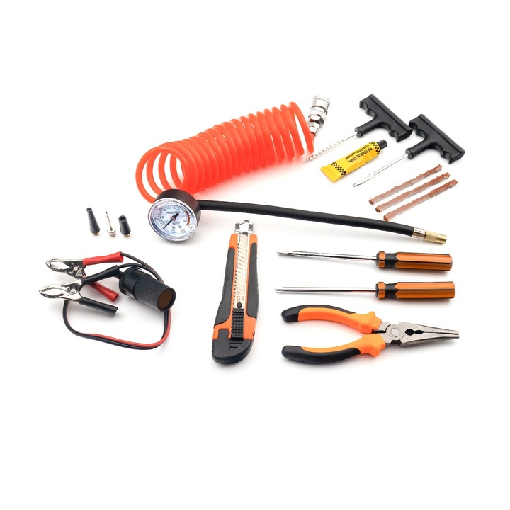 Compresor auto Heavy-Duty dublu cilindru – 50 L/min – 150 PSI – LED + kit reparatie anvelope