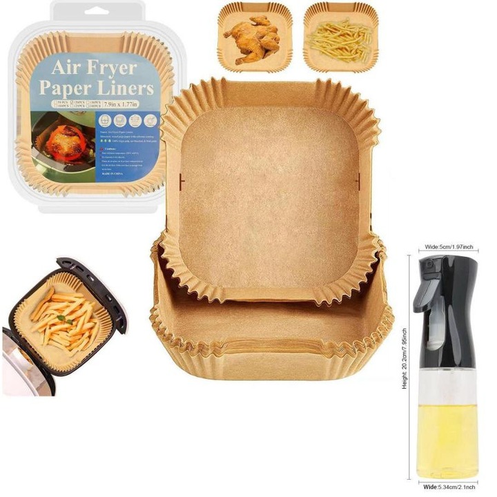 Hartie pentru friteuza cu aer cald cu spray de ulei, ALLFYL 120 bucati hartie de copt, hartie rezistenta la caldura si la grasime pentru gatit usor si fara murdarie