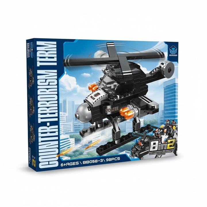 Set Joc De Constructie Elicopter De Interventie, 98 Piese, Model Echipa Speciala De Politie, Varsta 6 Plus Ani