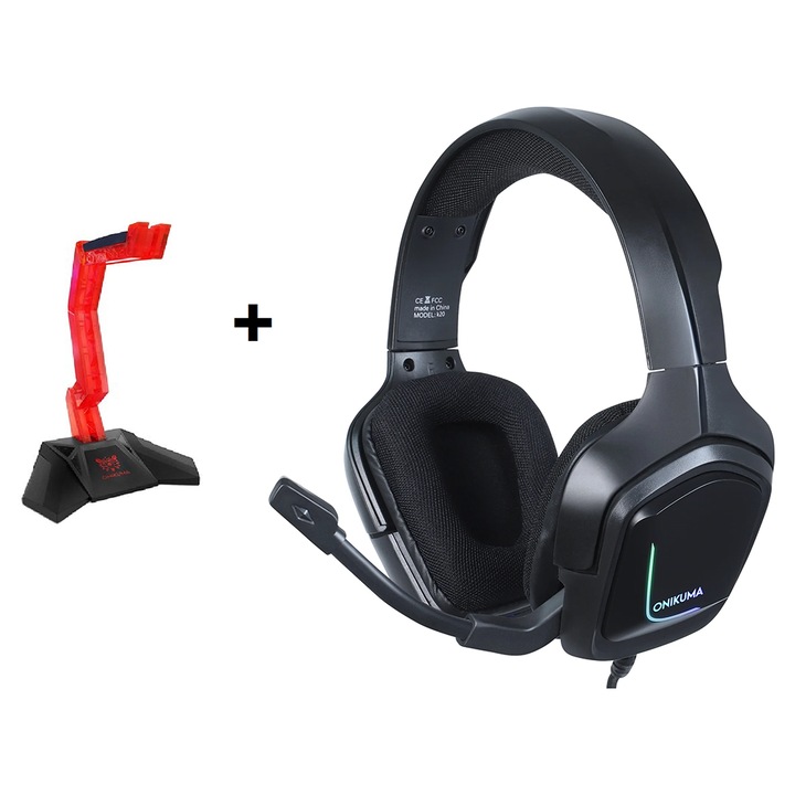 Set Onikuma Suport plus Casti Gaming Onikuma K20 Profesionale, Iluminare RGB, Microfon Noise Cancelling, Zero Ear Pressure, Multi Platform - Negru