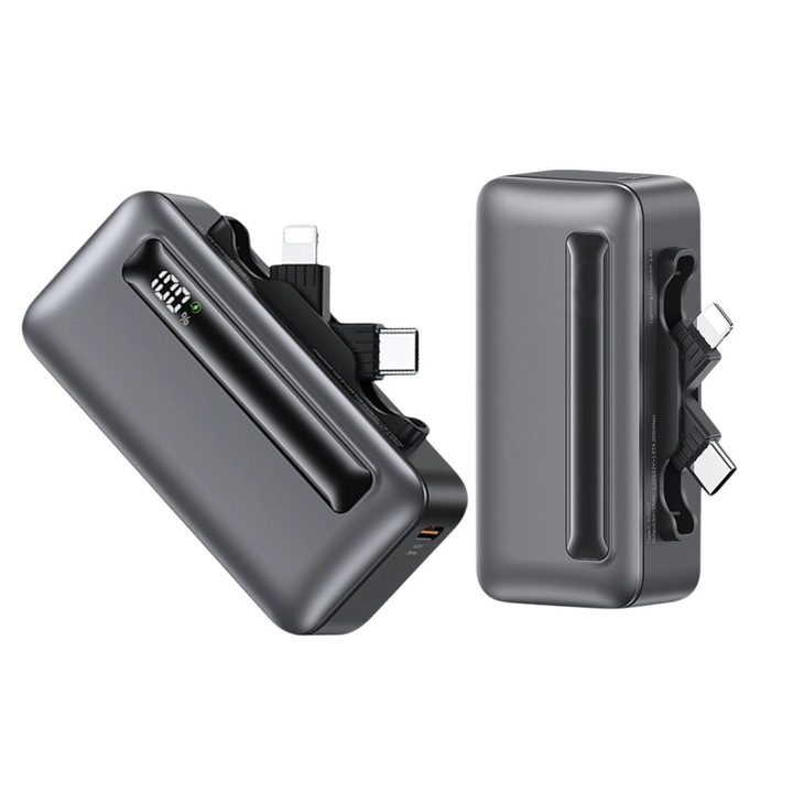 Power Bank Rasekon 4500mAh, 20W gyorstöltő, beépített Lightning és Type-C kábelek, sötétszürke