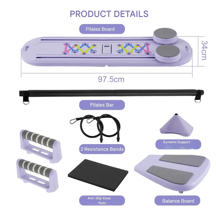 Placa de exercitii pentru abdomen, accesorii fitness, include benzi de rezistenta, mov, dimensiuni compacte