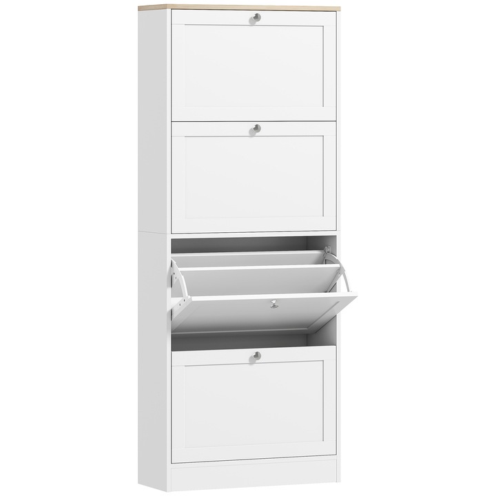 HOMCOM helytakarékos cipőszekrény 3 fiókkal és 2 szintes állítható polcokkal, fából, 60x23,5x115 cm, fehér