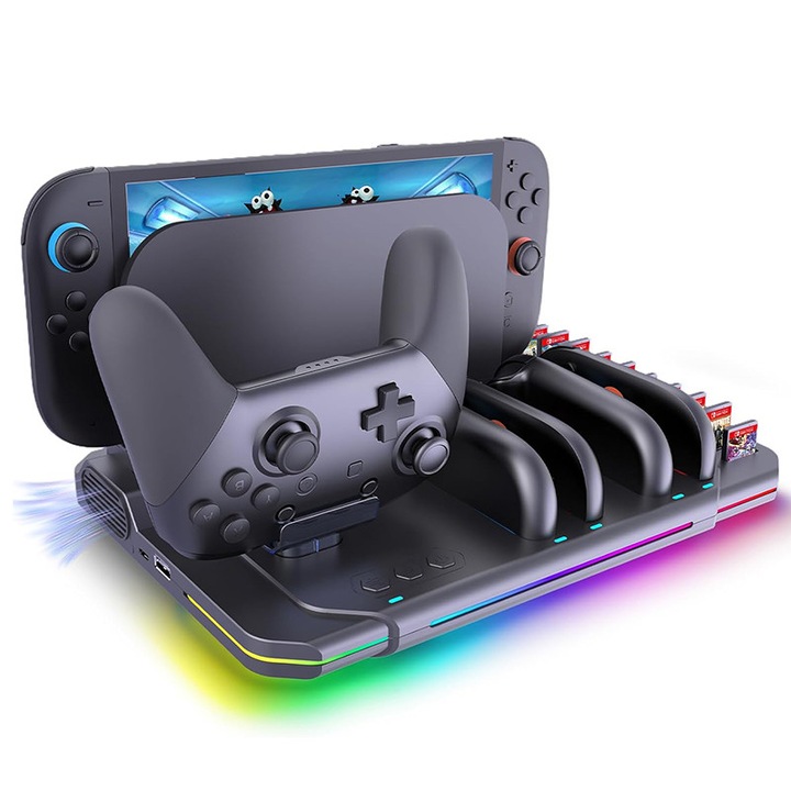 Statie incarcare pentru controller Switch cu suport, NAXSIR, 9 moduri de iluminare reglabile, N-Switch 2 Dock for cooling, Compatibil cu 4 console Joy-Con, 10 sloturi, Negru