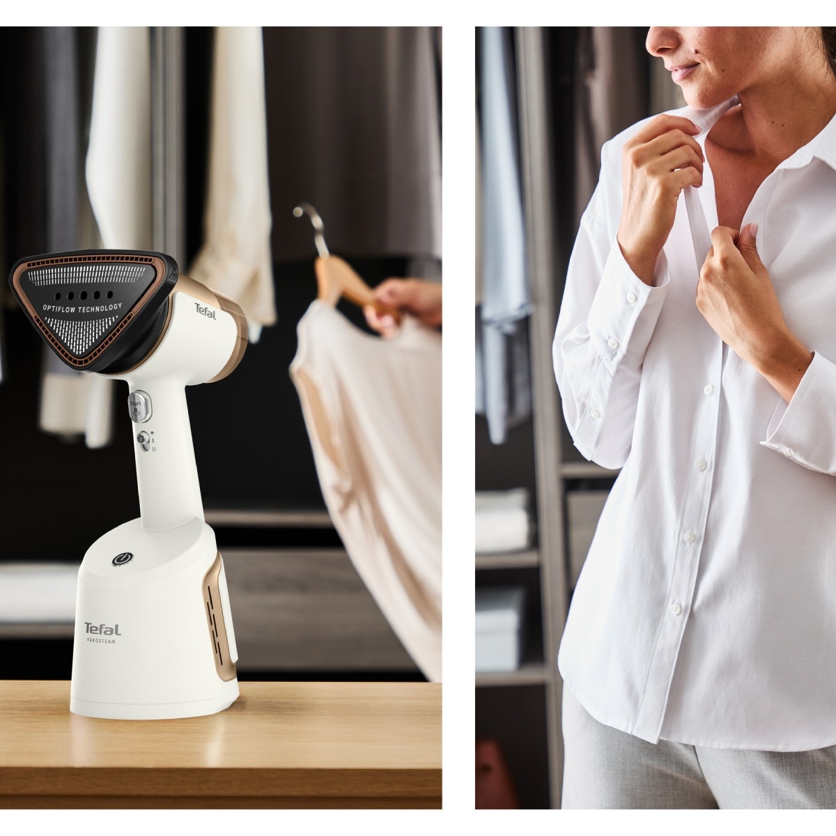 Aparat de calcat vertical cu abur Tefal AeroSteam DT9820F0, 1400W, abur variabil 0 - 20 g/min, 3 niveluri de aspirare, rezervor apa 100 ml, talpa monotemp, autonomie 6 minute, alb & auriu
