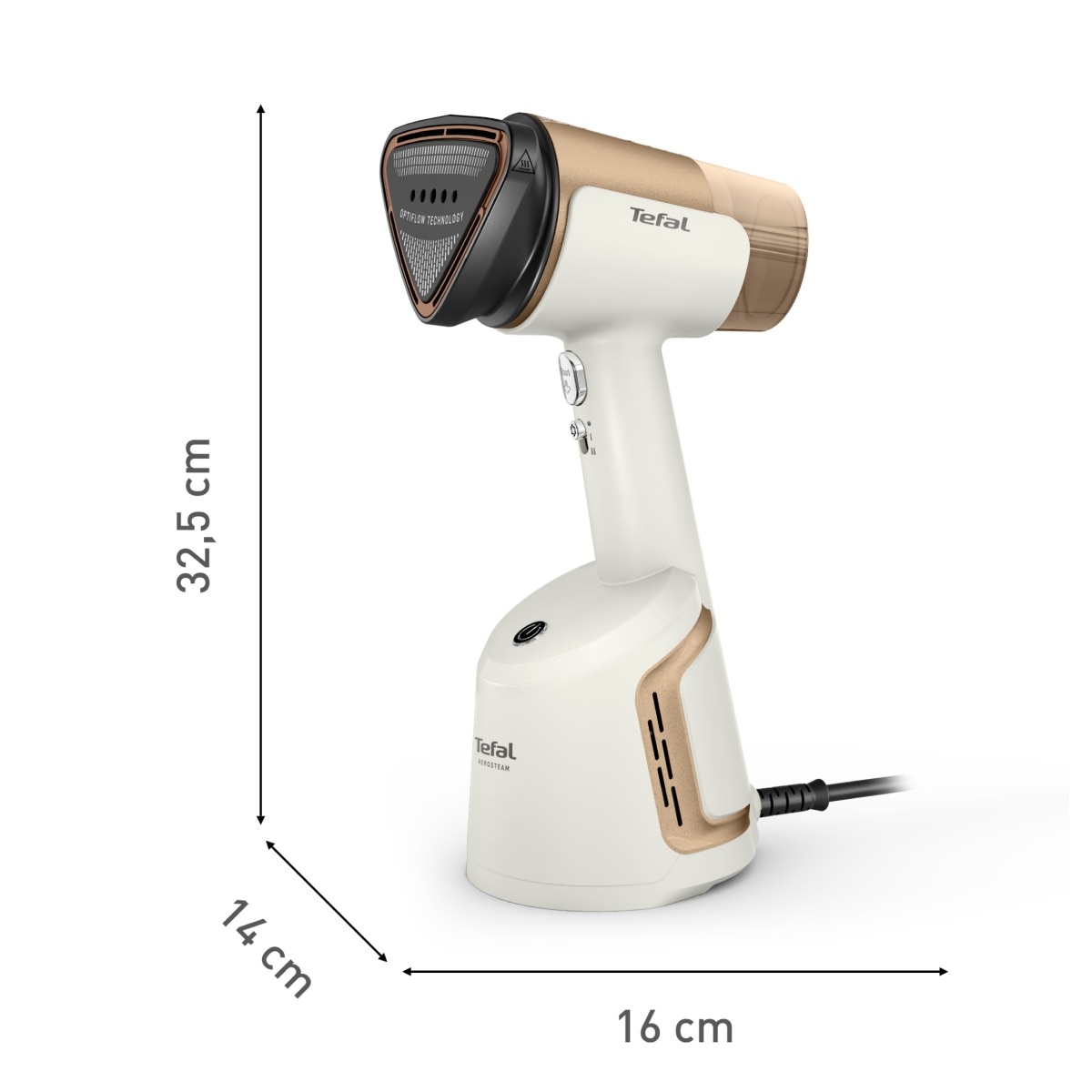 Aparat de calcat vertical cu abur Tefal AeroSteam DT9820F0, 1400W, abur variabil 0 - 20 g/min, 3 niveluri de aspirare, rezervor apa 100 ml, talpa monotemp, autonomie 6 minute, alb & auriu