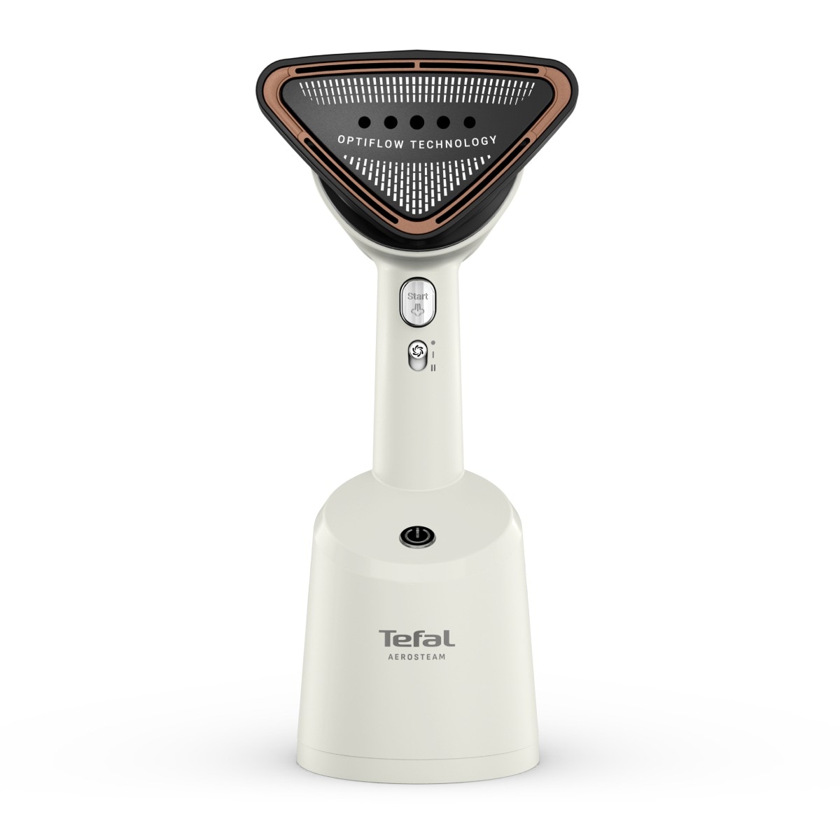 Aparat de calcat vertical cu abur Tefal AeroSteam DT9820F0, 1400W, abur variabil 0 - 20 g/min, 3 niveluri de aspirare, rezervor apa 100 ml, talpa monotemp, autonomie 6 minute, alb & auriu