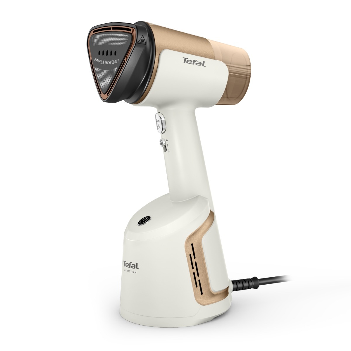 Aparat de calcat vertical cu abur Tefal AeroSteam DT9820F0, 1400W, abur variabil 0 - 20 g/min, 3 niveluri de aspirare, rezervor apa 100 ml, talpa monotemp, autonomie 6 minute, alb & auriu