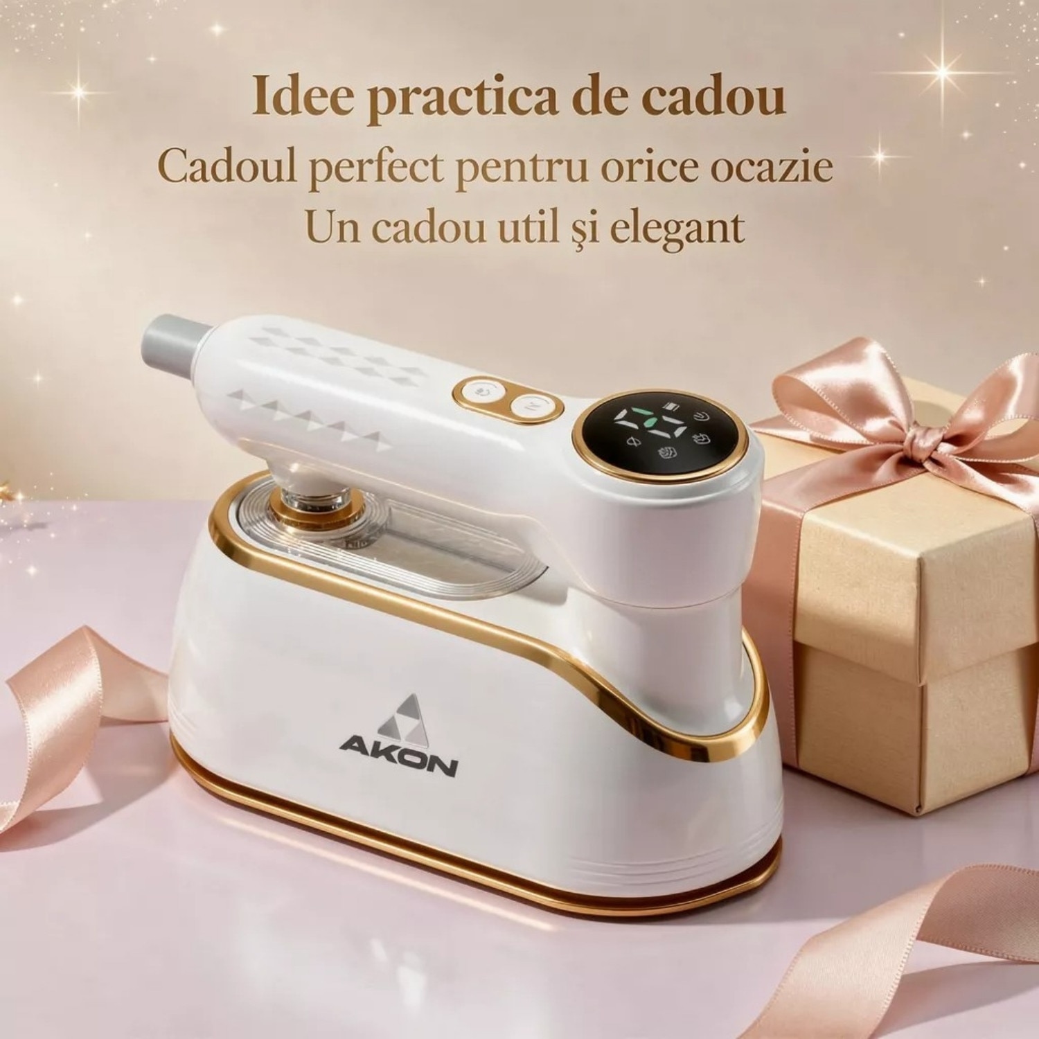Fier De Calcat Cu Abur Portabil Vertical Si Orizontal AKON® SteamPro, 1200W, Incalzire Rapida 10s, 4 Moduri Abur Puternic, Rezervor 150ml, Mini Steamer De Calatorie, Pliabil 180°, Functie Umed/Uscat, Curatare Si Igienizare Haine, Display LCD, Alb