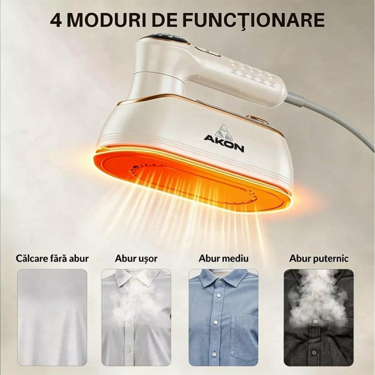 Fier De Calcat Cu Abur Portabil Vertical Si Orizontal AKON® SteamPro, 1200W, Incalzire Rapida 10s, 4 Moduri Abur Puternic, Rezervor 150ml, Mini Steamer De Calatorie, Pliabil 180°, Functie Umed/Uscat, Curatare Si Igienizare Haine, Display LCD, Alb