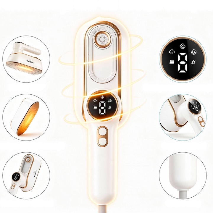 Fier De Calcat Cu Abur Portabil Vertical Si Orizontal AKON® SteamPro, 1200W, Incalzire Rapida 10s, 4 Moduri Abur Puternic, Rezervor 150ml, Mini Steamer De Calatorie, Pliabil 180°, Functie Umed/Uscat, Curatare Si Igienizare Haine, Display LCD, Alb