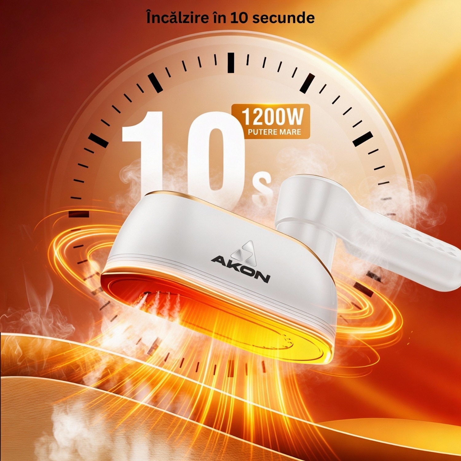 Fier De Calcat Cu Abur Portabil Vertical Si Orizontal AKON® SteamPro, 1200W, Incalzire Rapida 10s, 4 Moduri Abur Puternic, Rezervor 150ml, Mini Steamer De Calatorie, Pliabil 180°, Functie Umed/Uscat, Curatare Si Igienizare Haine, Display LCD, Alb
