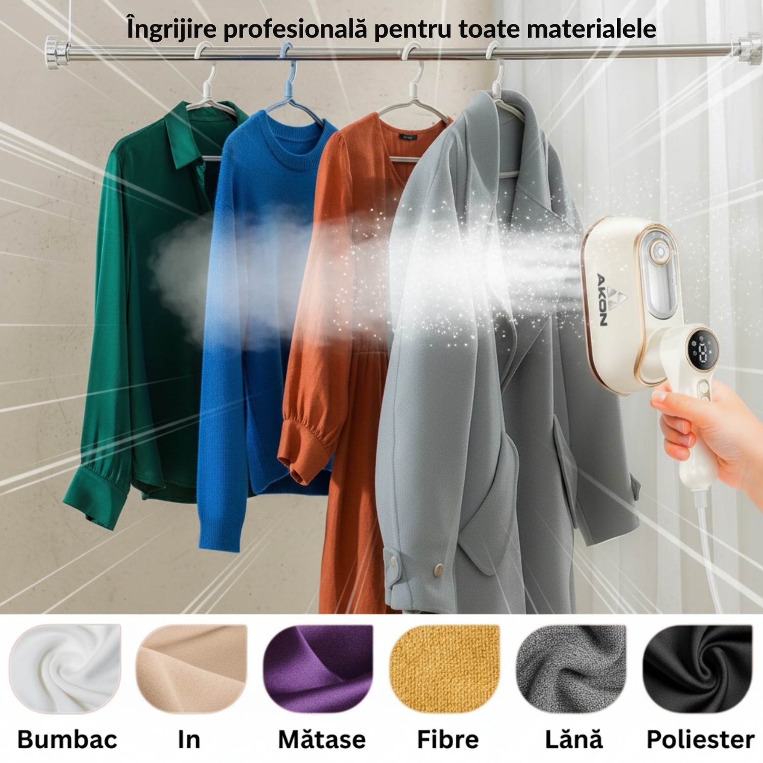 Fier De Calcat Cu Abur Portabil Vertical Si Orizontal AKON® SteamPro, 1200W, Incalzire Rapida 10s, 4 Moduri Abur Puternic, Rezervor 150ml, Mini Steamer De Calatorie, Pliabil 180°, Functie Umed/Uscat, Curatare Si Igienizare Haine, Display LCD, Alb