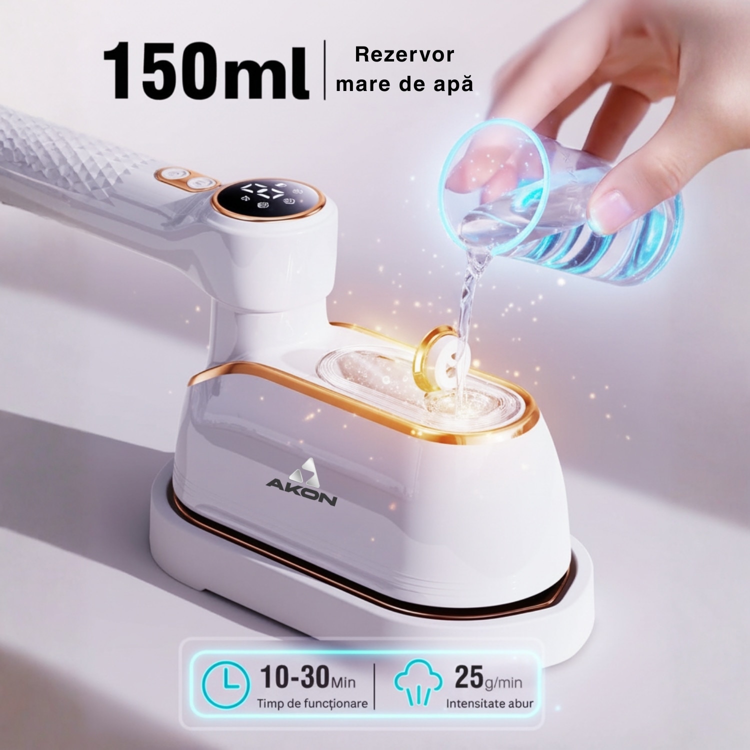 Fier De Calcat Cu Abur Portabil Vertical Si Orizontal AKON® SteamPro, 1200W, Incalzire Rapida 10s, 4 Moduri Abur Puternic, Rezervor 150ml, Mini Steamer De Calatorie, Pliabil 180°, Functie Umed/Uscat, Curatare Si Igienizare Haine, Display LCD, Alb