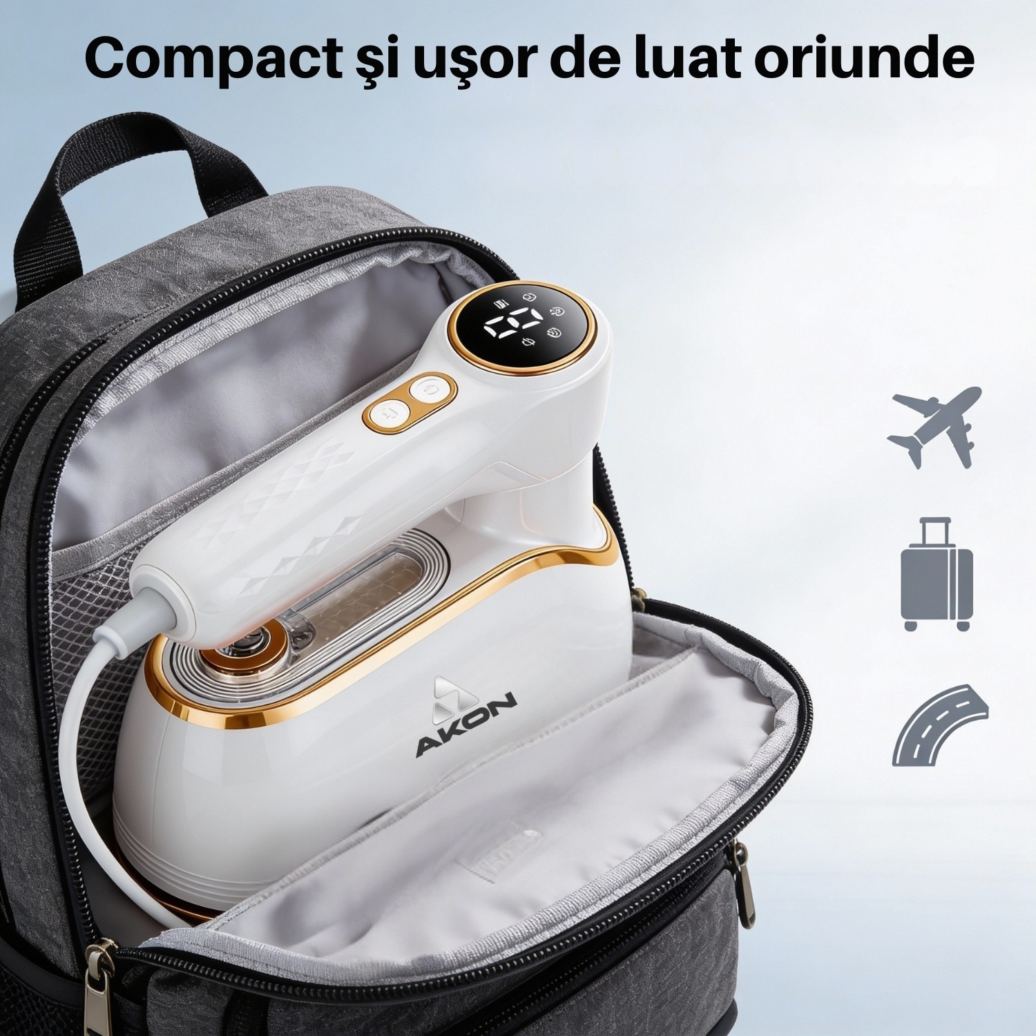 Fier De Calcat Cu Abur Portabil Vertical Si Orizontal AKON® SteamPro, 1200W, Incalzire Rapida 10s, 4 Moduri Abur Puternic, Rezervor 150ml, Mini Steamer De Calatorie, Pliabil 180°, Functie Umed/Uscat, Curatare Si Igienizare Haine, Display LCD, Alb