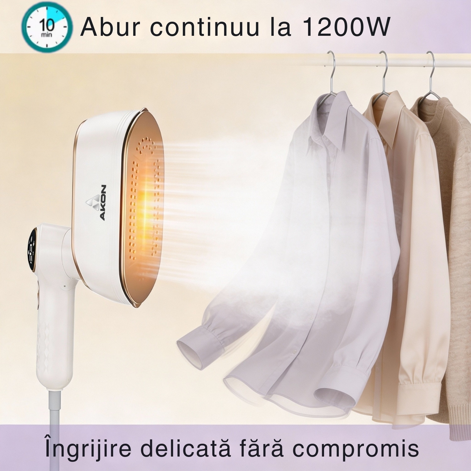 Fier De Calcat Cu Abur Portabil Vertical Si Orizontal AKON® SteamPro, 1200W, Incalzire Rapida 10s, 4 Moduri Abur Puternic, Rezervor 150ml, Mini Steamer De Calatorie, Pliabil 180°, Functie Umed/Uscat, Curatare Si Igienizare Haine, Display LCD, Alb