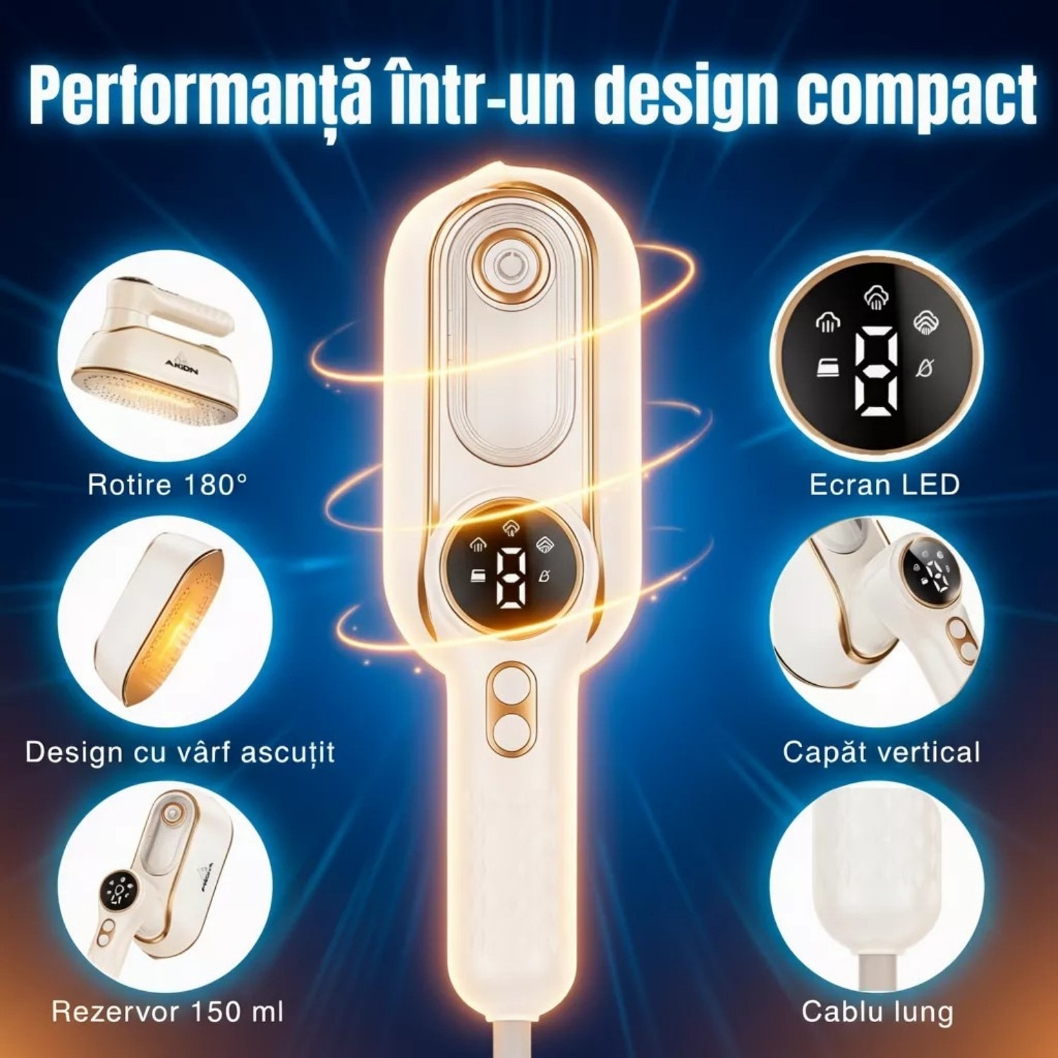 Fier De Calcat Cu Abur Portabil Vertical Si Orizontal AKON® SteamPro, 1200W, Incalzire Rapida 10s, 4 Moduri Abur Puternic, Rezervor 150ml, Mini Steamer De Calatorie, Pliabil 180°, Functie Umed/Uscat, Curatare Si Igienizare Haine, Display LCD, Alb