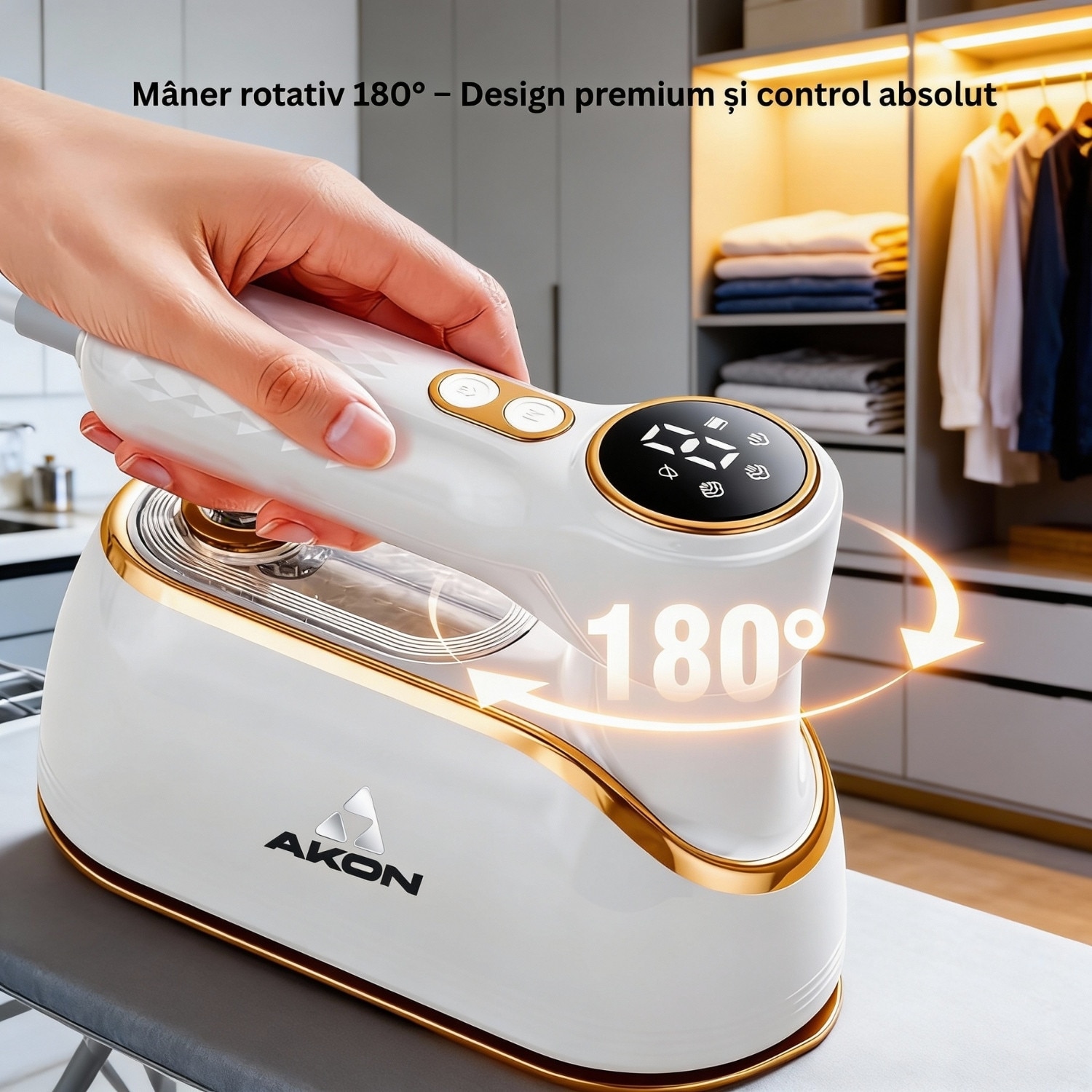 Fier De Calcat Cu Abur Portabil Vertical Si Orizontal AKON® SteamPro, 1200W, Incalzire Rapida 10s, 4 Moduri Abur Puternic, Rezervor 150ml, Mini Steamer De Calatorie, Pliabil 180°, Functie Umed/Uscat, Curatare Si Igienizare Haine, Display LCD, Alb