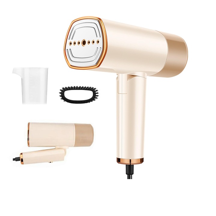 Преносима вертикална парна ютия, 220-240V, бързо нагряване за 15 секунди, непрекъсната пара 20гр/мин, подвижен резервоар 168мл, сгъваем дизайн, идеална за пътувания и домашна употреба, златисто/бял