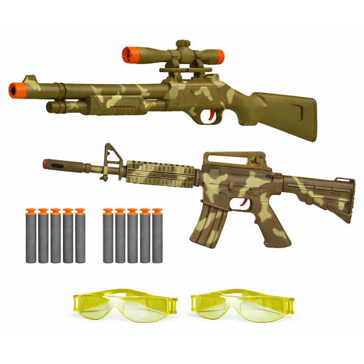 Set Arme de Jucărie cu 2 Puști, Tinta, Gloanțe din Spumă, Ochelari Protecție, Camuflaj, 62x32cm