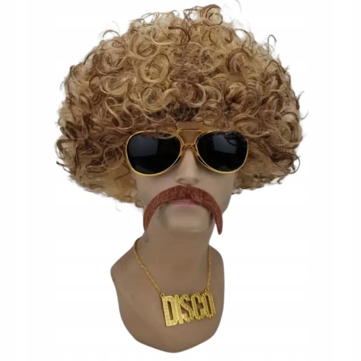 Set costum Disco, Wild Sale, peruca afro, ochelari retro, colier stralucitor, mustati autocolante, caciula, universal