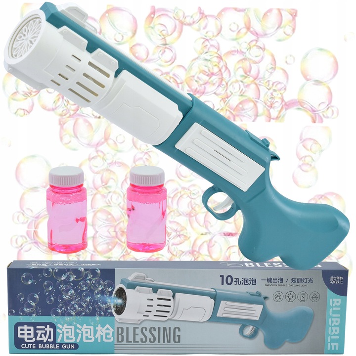 Pistol cu bule de săpun Skleplolki, automat, efecte luminoase și sonore, 45x12x6cm, multicolor, set cu 2 lichide de 50ml