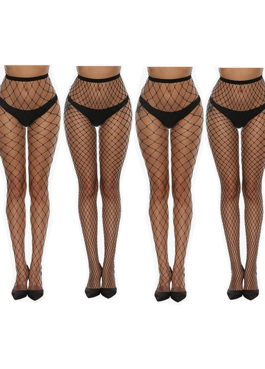 Szexi hálós harisnya, 4 darabos szett, magas derék, fekete, rugalmas anyag, One Size INTL