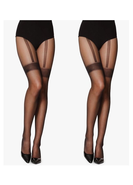 Ciorapi sexy cu design imitatie portjartier, set 2 piese, talie inalta, negru, material elastic, One Size INTL