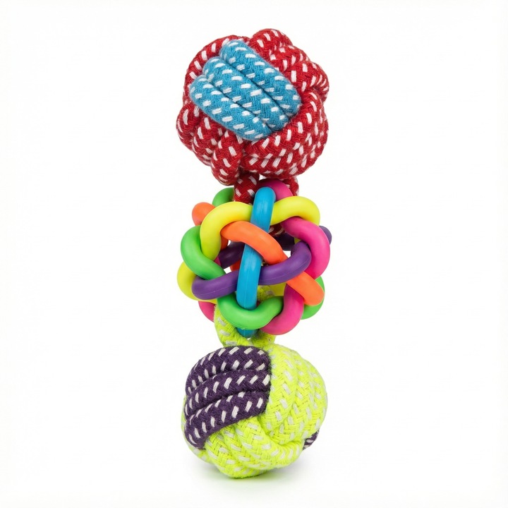 Jucărie interactivă pentru câini, Nunbell, din sfoară și cauciuc, multicoloră