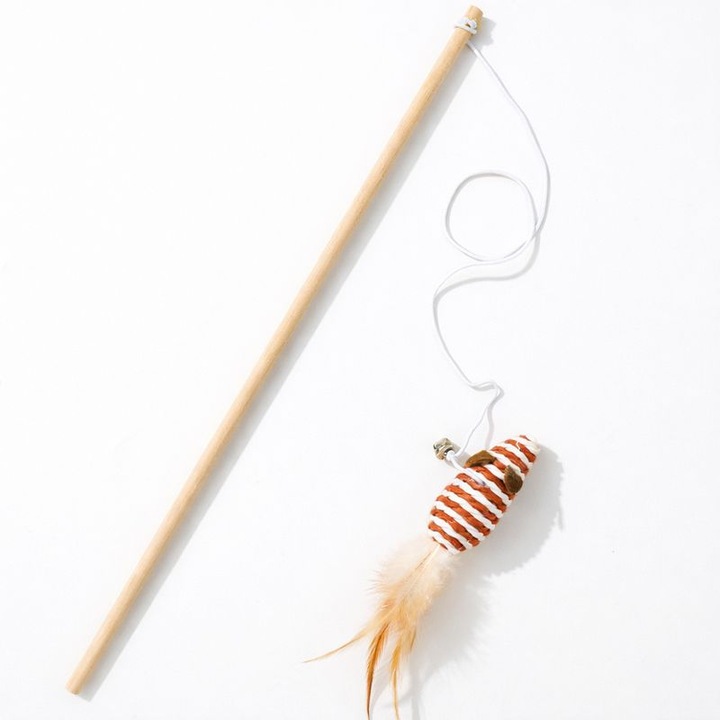 Jucărie pentru pisici, diblu din lemn, roșu, lungime 40cm, set cu frânghie