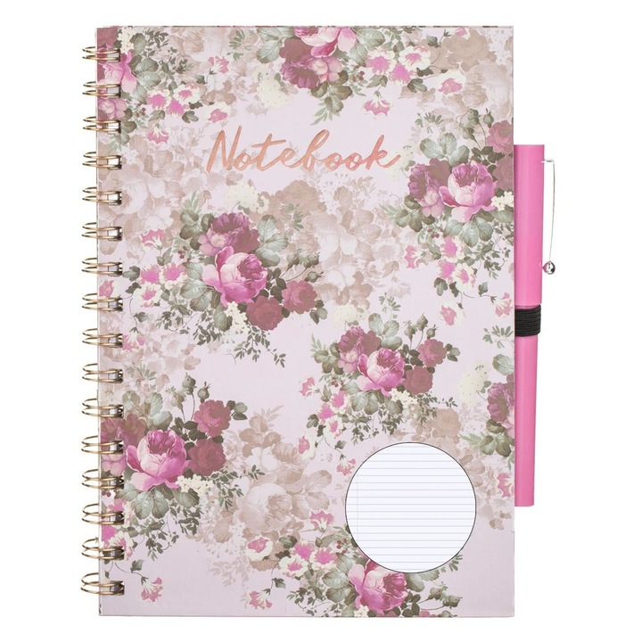 Caiet A5 Dictando cu Spirala Coperta Floral Roz Aurie Notebook 2 Subiecte & Pix - 64File