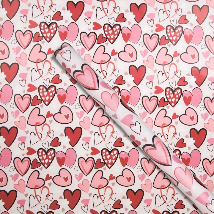 Hartie Ambalaj Rola Roz cu Model Inimi Rosii 150x70cm