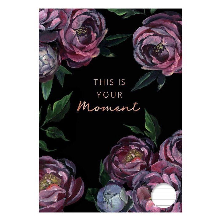 Студентска тетрадка А4, с редове, черна корица с розови цветя - 60 листа