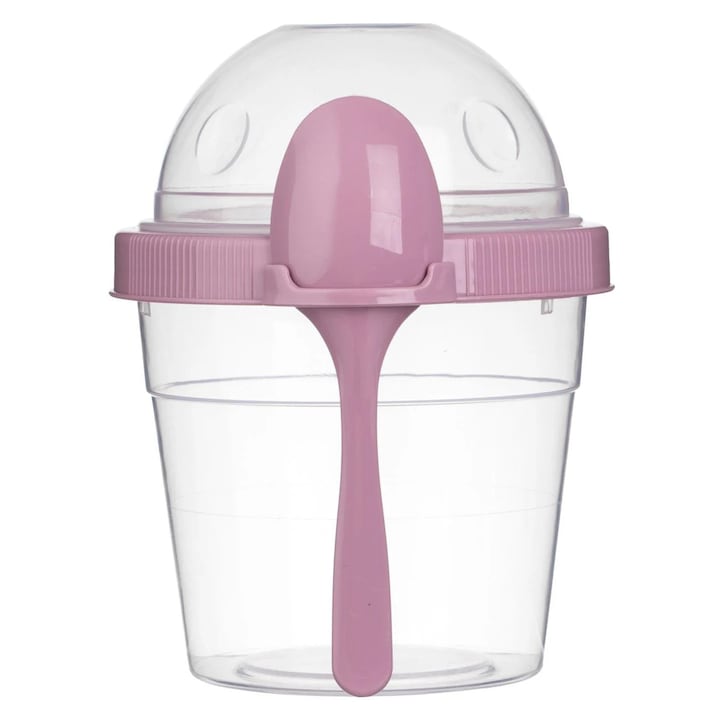 Caserola Dubla pentru Iaurt si Cereale, Roz, 0.5 L, cu Lingurita si Recipient Separat, Fara BPA