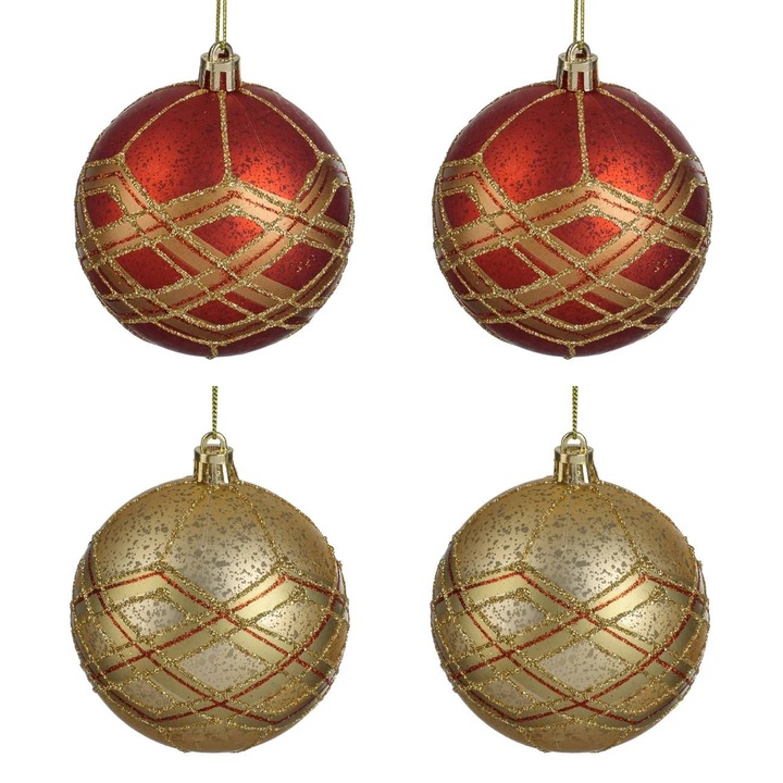 Set Globuri de Craciun Rosii Aurii cu Modele Glitter Ø8cm - 4buc