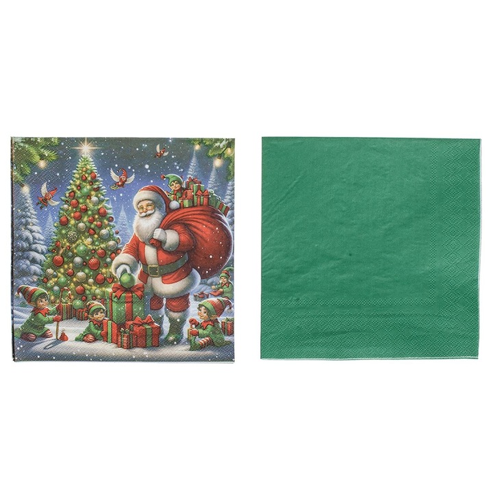 Servetele de Masa cu 2 Straturi Model Mos Craciun & Verzi 33x33cm - 50buc