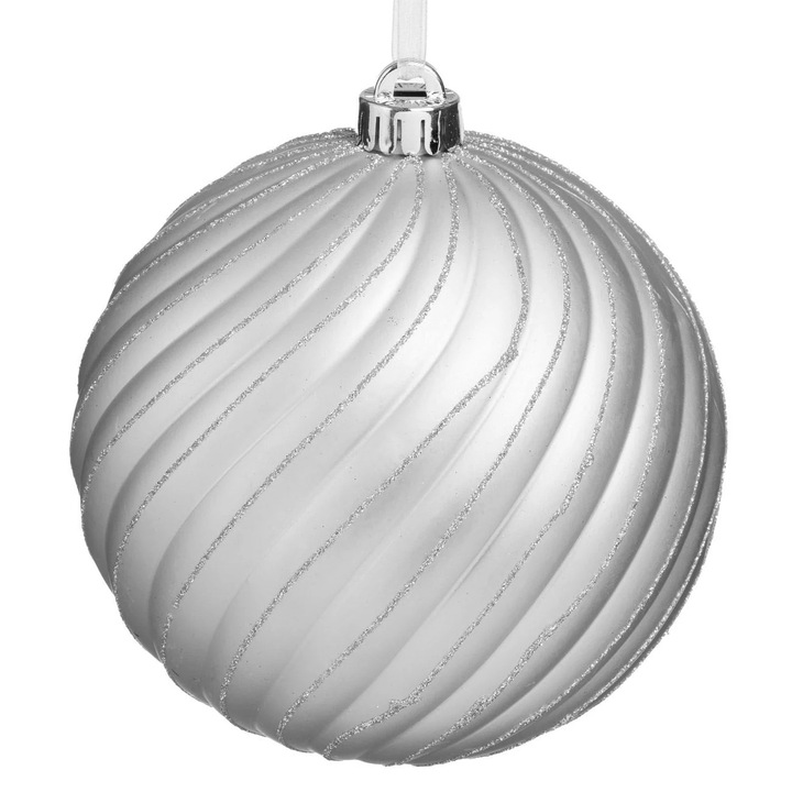 Ornament Brad de Craciun Glob Argintiu Mat Dungi Ondulate cu Glitter Ø15cm