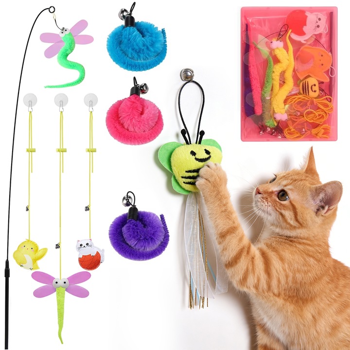 Jucarie Interactiva pentru Pisici, BYONDSELF®, 9PCS, Cu Ventuza Ultra-Rezistenta si Brate Flexibile, Coarda Elastica, cu Albina, Omida, Pasare Pisica, pentru Exercitii Zilnice, Activitati Stimulante