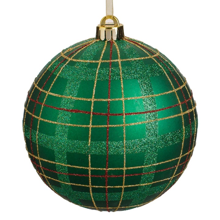 Ornament Brad de Craciun Glob Verde Mat cu Carouri Rosii & Glitter Auriu Ø15cm