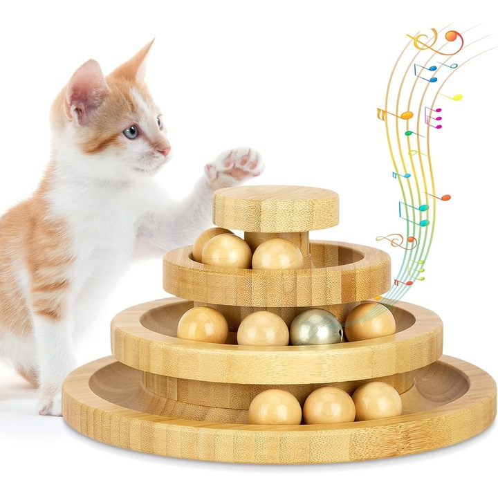 Jucarie Interactiva pentru Pisici, BYONDSELF®, Lemn de Pin, Pista cu Trei Niveluri, 9 Bile din Lemn, 1 Clopotel, Rezistent la Muscaturi, Detasabil, Eliberarea Stresului, Creste Activitatea Pisicii