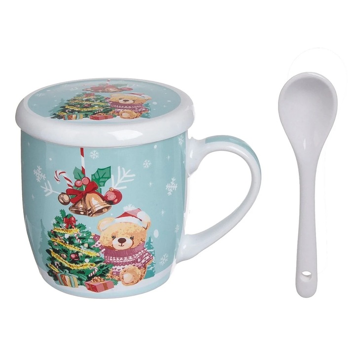 Set Cana de Craciun cu Capac & Lingurinta cu Model Ursulet 340ml - 3 piese