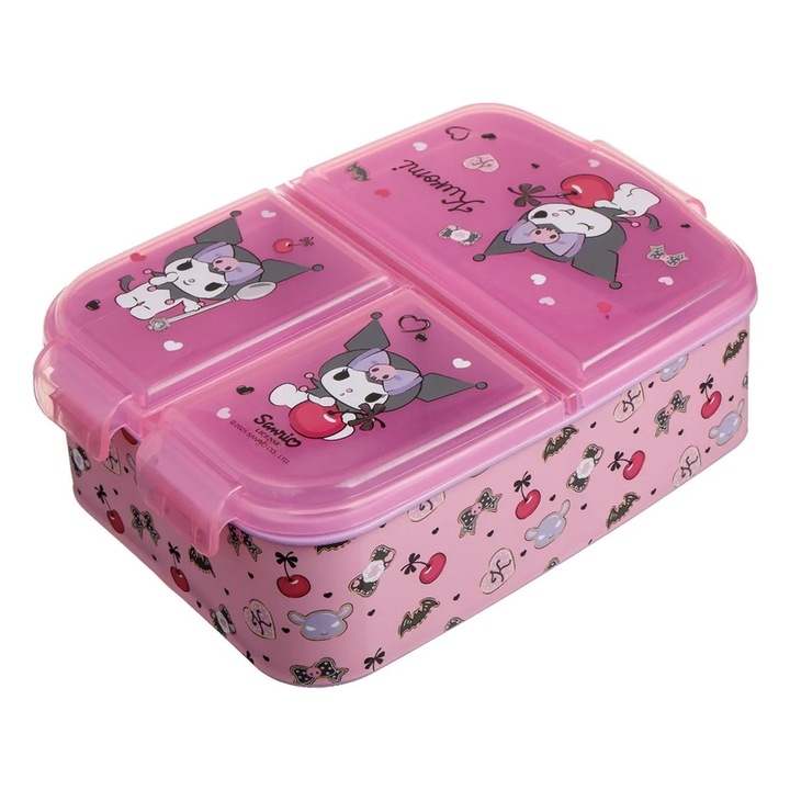 Caserola Roz cu 3 Compartimente & Model Kuromi - 790ml