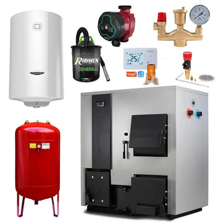 Pachet centrala mixta lemn/pelet Termax Combo 35 kW, volum manta apa 122 litri, Vas expansiune, Termostat inteligent KOPH I302, Pompa recirculare, Boiler termoelectric Ariston 100 litri
