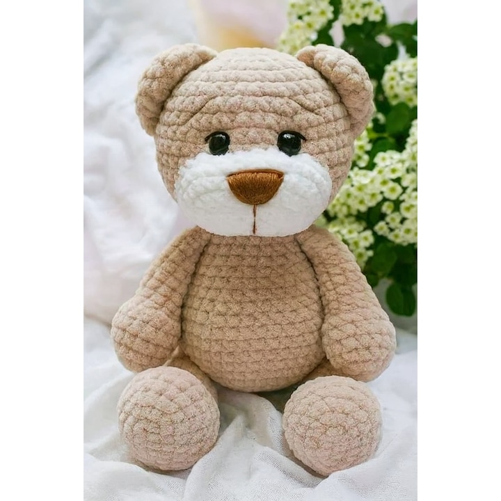 Jucarie Crosetata Manual - Ursuletul Catifea Amigurumi, Fir Premium Plusat, 28-30 cm, Bej/Alb