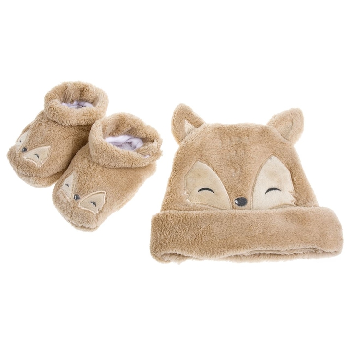 Set Nou Nascut Caciulita cu Sosete Bej Model Vulpe