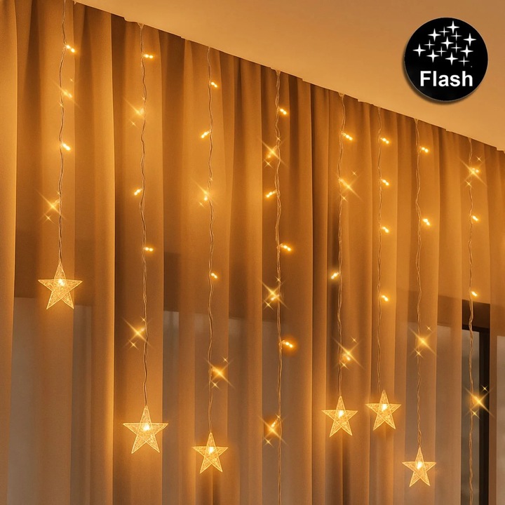 Instalatie de Lumini Perdea cu 252 de Becuri LED Stele Interconectabila de Interior & Exterior 4m - Alb Cald