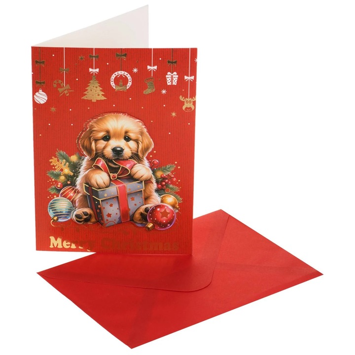 Felicitare de Craciun Rosie cu Catel Cadou & Ornamente "Merry Christmas"12x17cm & Plic