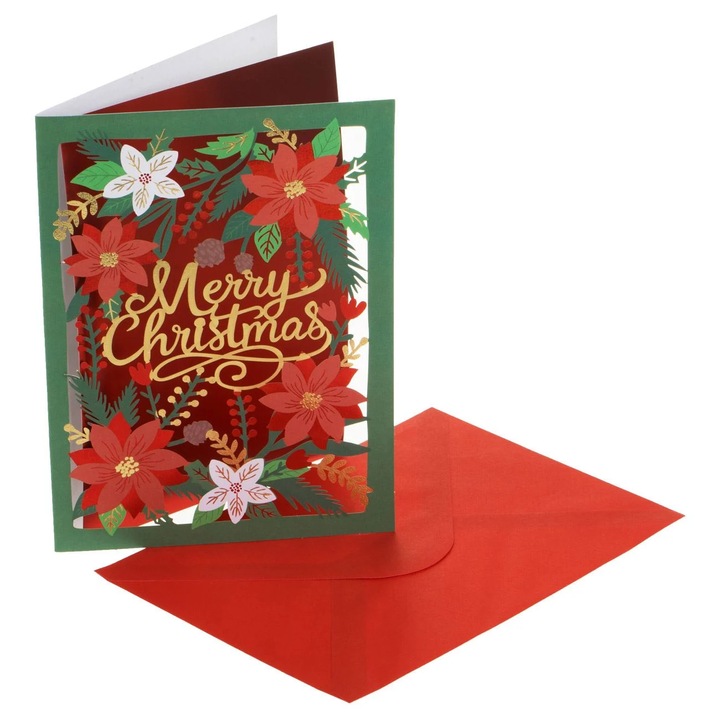 Felicitare de Craciun Verde cu Model Decupat Craciunita "Merry Christmas" 13x19cm & Plic