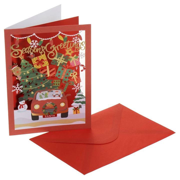 Felicitare de Craciun Rosie cu Model Decupat Masina Brad Cadou 13x19cm & Plic