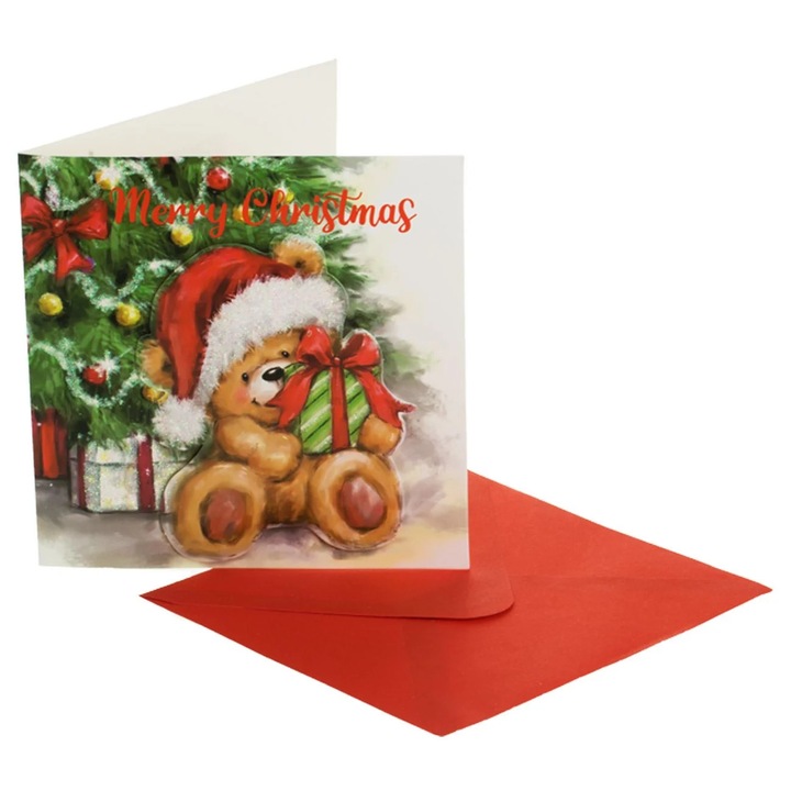 Felicitare de Craciun cu Cadou Brad Glitter Holografic "Merry Christmas"15x15cm & Plic